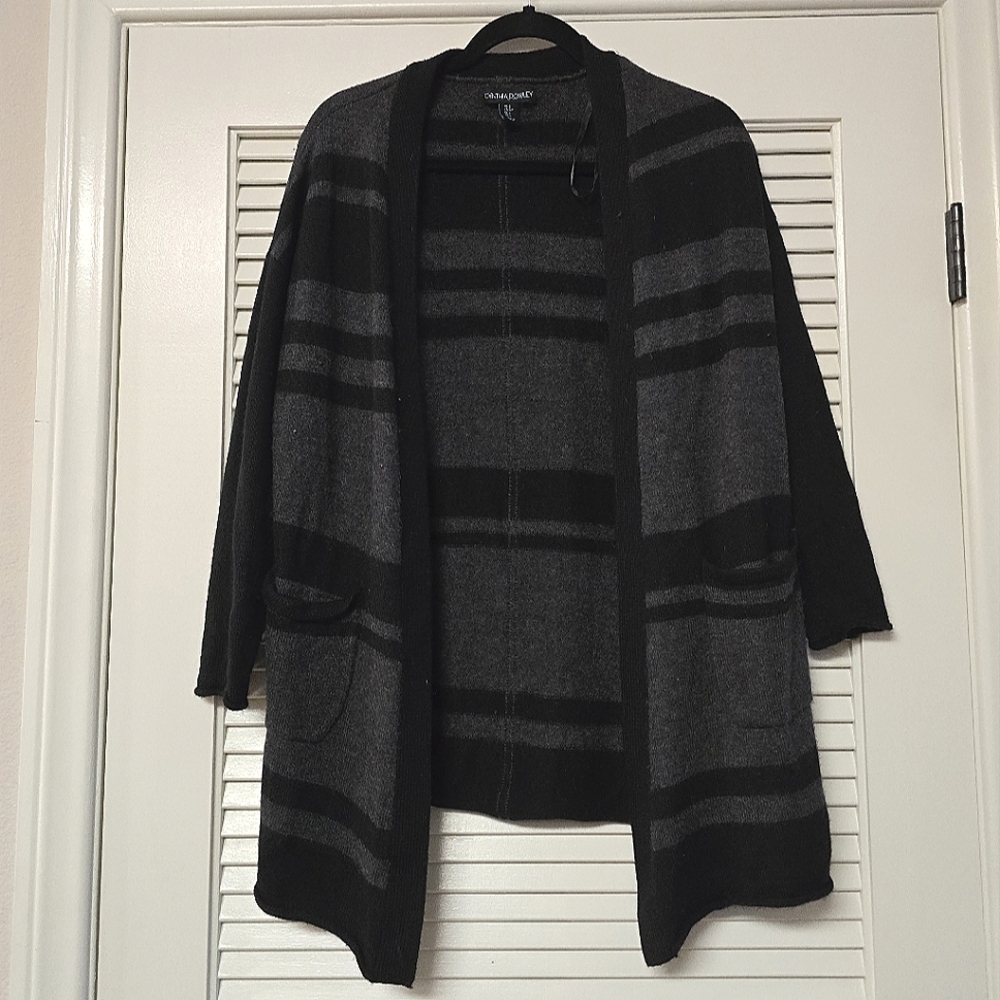 Cynthia Rowley - Striped Black & Grey Open Cardigan Sweater With Front Pockets